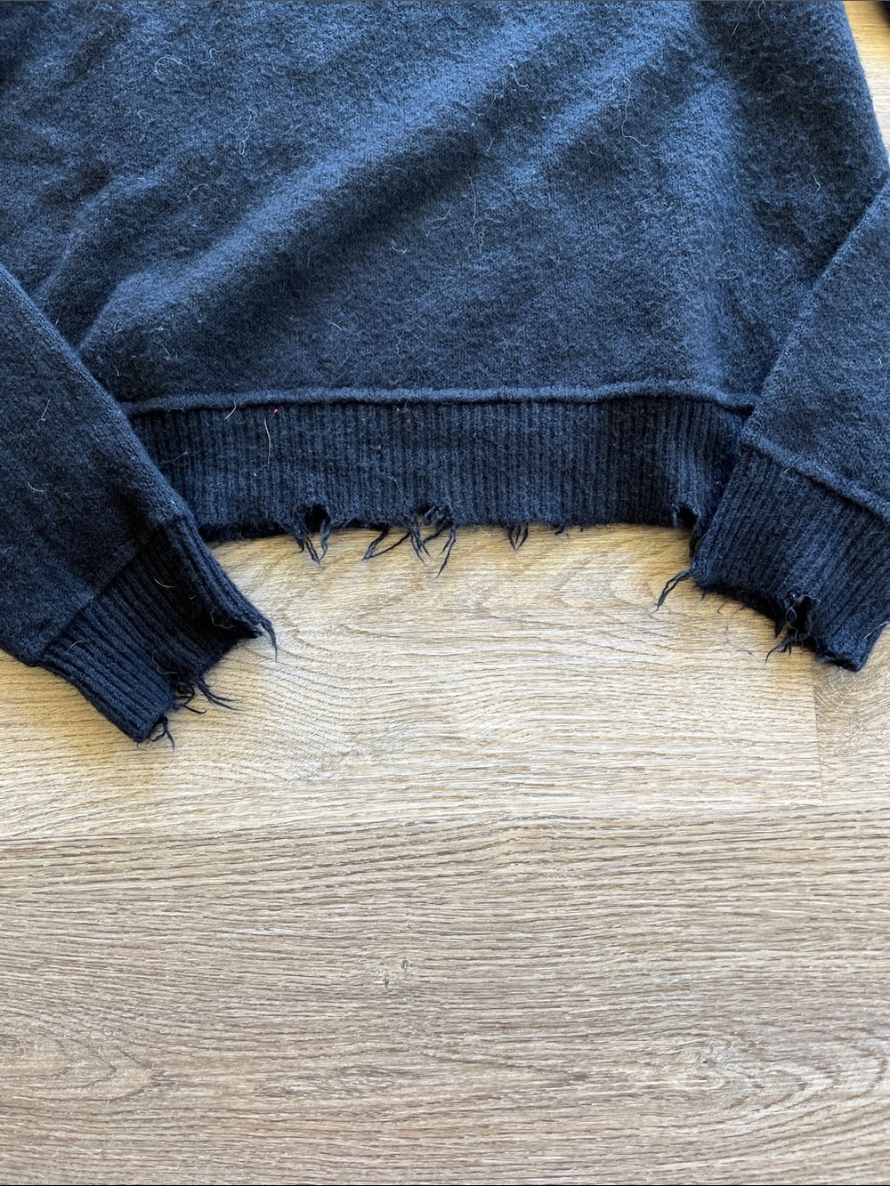 aerie Black Cropped Crewneck Sweater with Distressed Hem - Picture 2 of 5
